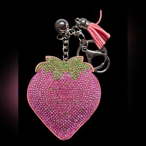 Strawberry Rhinestone Bag Charm Keychain with Gold Accents
